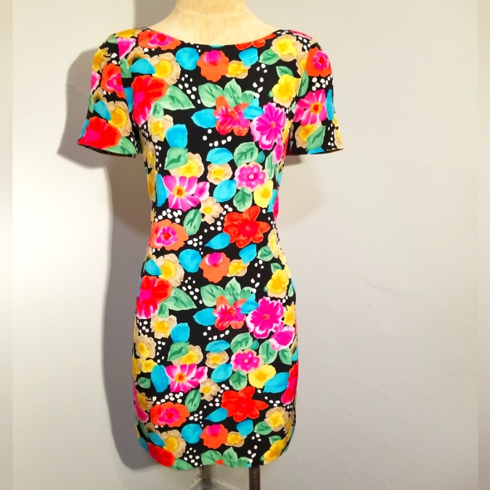 NIPON SILK DRESS VINTAGE COLORFUL FLORAL PRINT 80S WEDDING SPRING PETITE SIZE 4